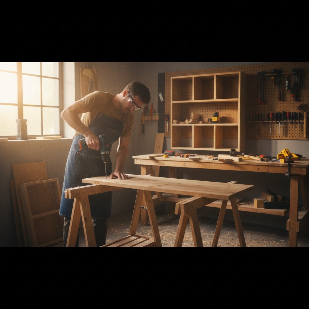 Zelfgemaakt houten muurelement aan de wand