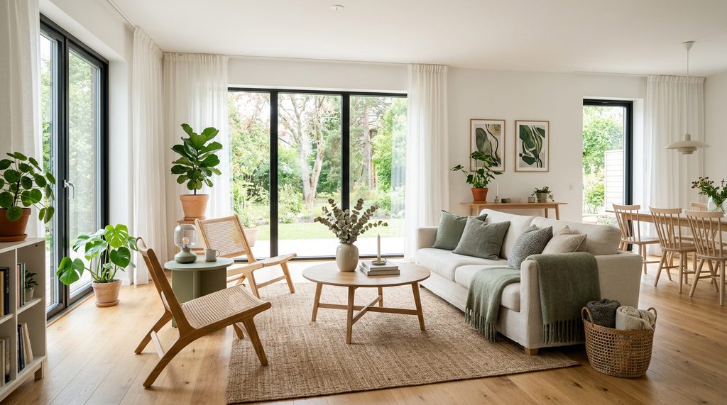Licht interieur met planten en houten meubels