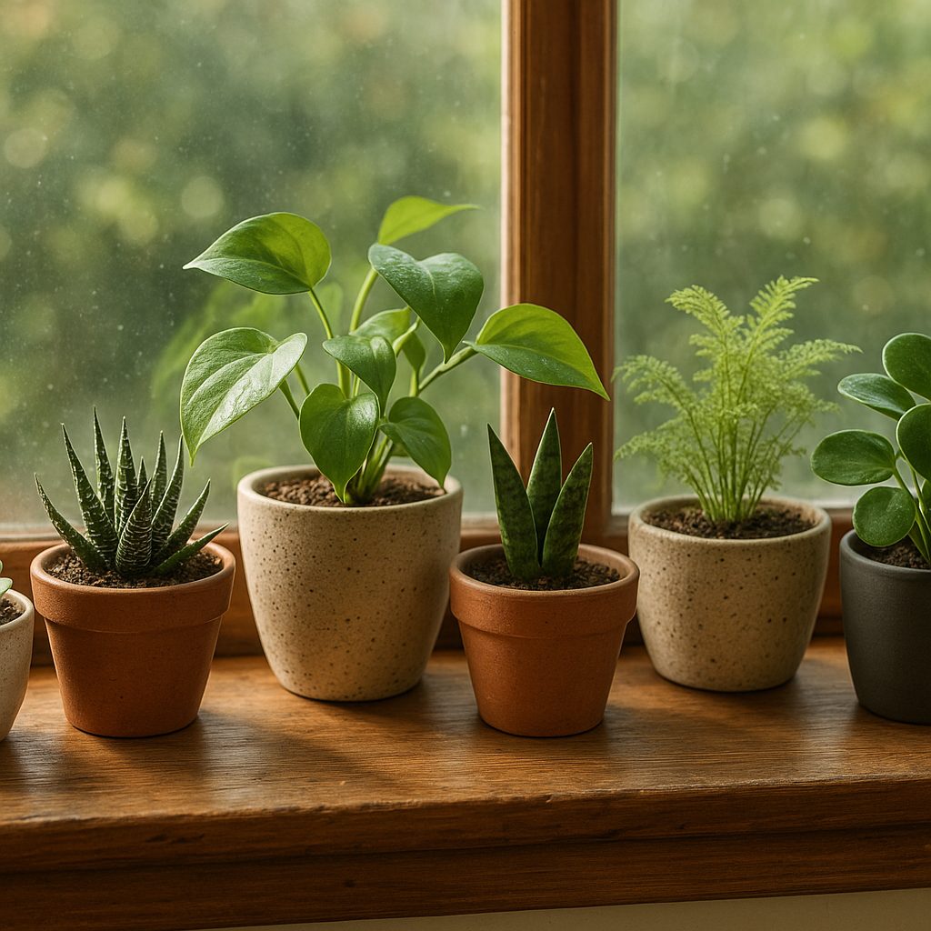 Kleine kamerplanten in potjes op een vensterbank
