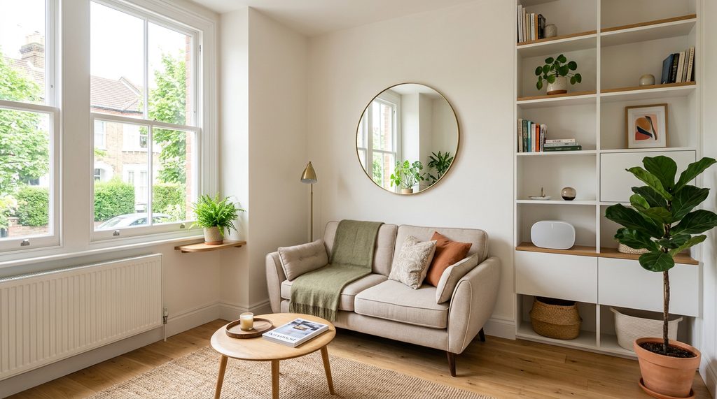 Kleine woonkamer met slimme inrichting